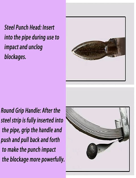 Heavy Duty 3 Centimeter Drain Auger Snake 82 Ft Pipe Clearer showing steel punch head for clog impacts and round grip handle for maneuvering.