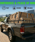 Pickup truck using 4 Pack Retractable Ratchet Straps 1 Inch x 10 Feet 1650 Pound Break Strength Heavy Duty Self Retracting Tie Down Straps For Motorcycle ATV UTV Truck And Cargo Trailer Black to secure wooden crates on road