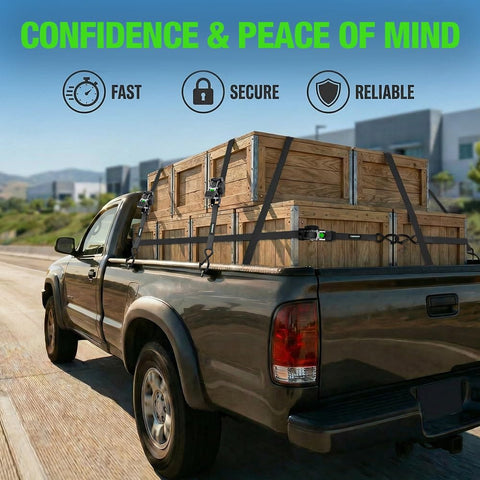 Pickup truck using 4 Pack Retractable Ratchet Straps 1 Inch x 10 Feet 1650 Pound Break Strength Heavy Duty Self Retracting Tie Down Straps For Motorcycle ATV UTV Truck And Cargo Trailer Black to secure wooden crates on road