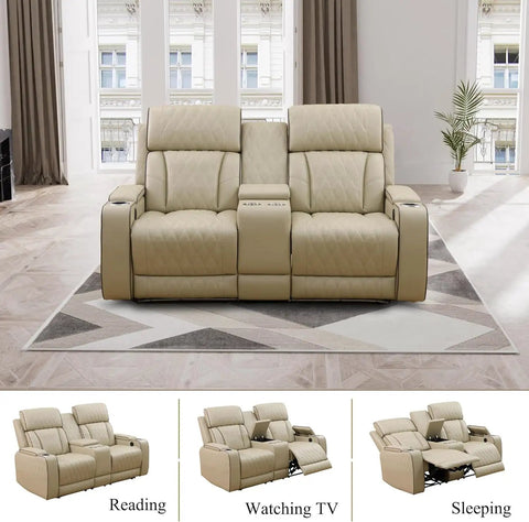 Power Recliner Sofa Set With LED Lighting And USB Charging Leather Sofa khaki in living room with reclining seats