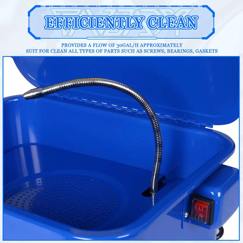 Heavy Duty Workhorse Portable Parts Washer With 110V Motor Pump And 3.5 Gallon Stainless Steel Tank showing blue tank with nozzle.