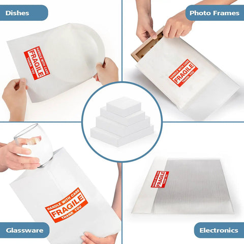 Move Day Must Have Moving Dish Packing Supplies Kit With 540 Foam Pouches And Sheets In Four Sizes, shown with fragile labels