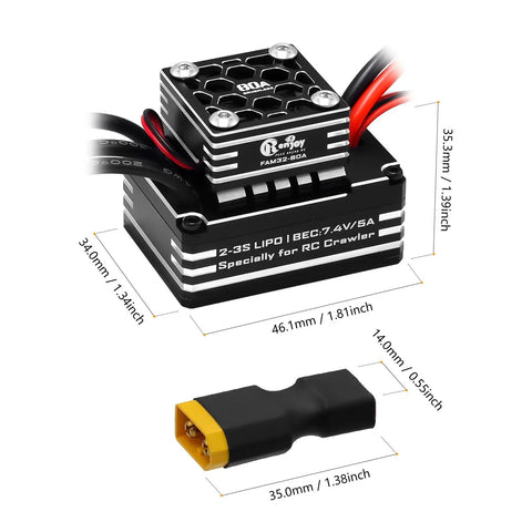 High Torque 3548 1400KV Brushless Outrunner Motor With AM32 80A ESC For 1 By 10 Scale RC Crawler Upgrade, ESC dimensions visible