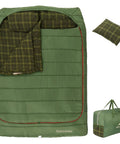 Double Wide Flannel Sleeping Bag For Two With Pillows, green with plaid lining, 220x160 cm, includes carry bag and easy foot zipper.