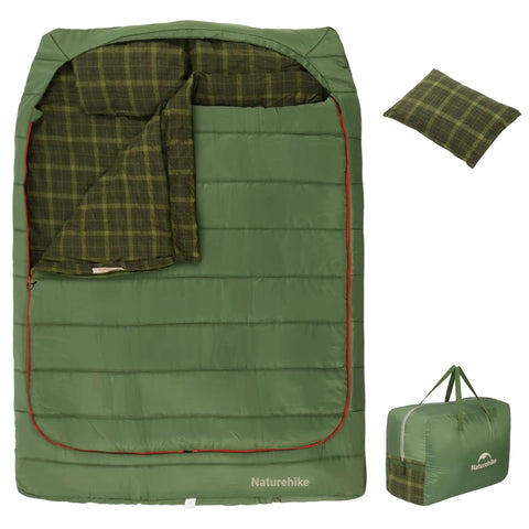 Double Wide Flannel Sleeping Bag For Two With Pillows, green with plaid lining, 220x160 cm, includes carry bag and easy foot zipper.