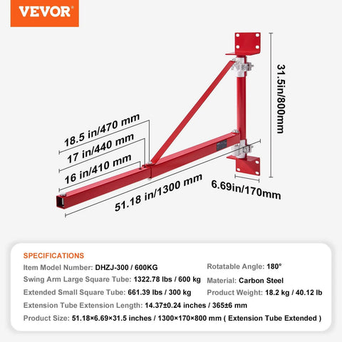 Wall Mount Jib Crane With 1320 Lbs Load Capacity for Electric Hoist 180 Degree Swivel, red steel frame dimensions
