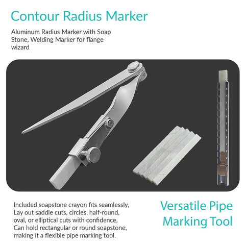 Top Shelf 8 Inch Contour Radius Marker Kit With Durable Soapstones And Solid Holder For Straight Shot Precision Pipe Layouts And Flange Fits Plus Saddle Cuts detail showing aluminum radius marker and soapstone.