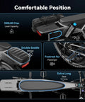 Comfort features of RetroVolt Electric Bike For Adults With 2000W Peak Motor 30 MPH Top Speed 70 Mile Range 48V 13Ah Removable Battery Fat Tire 20x4 Electric Dirt Bike With Hydraulic Brakes, showing load capacity, saddle design, footrest, and seat.