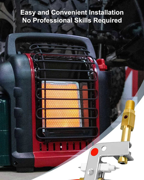 Front view of red portable space heater with black metal grille and glowing burner.