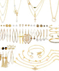 Must Have 38 Piece Jewelry Set For Women With Four Necklaces Ten Bracelets And Twenty Four Layered Ball Hoop Earrings Lightweight Alloy Fashion Jewelry For Everyday Glam Eco Friendly And Colorfast Gift Ready gold-tone set with necklaces, bracelets, and hoops