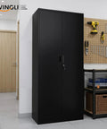 Heavy Gauge Steel Storage Cabinet With Two Doors And Five Adjustable Shelves, Seventy One Inch Tall Lockable Tool Box For Garage Or Office, Black Finish in modern garage setting