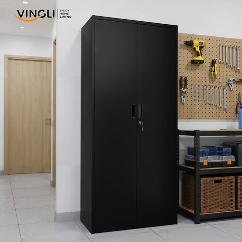 Heavy Gauge Steel Storage Cabinet With Two Doors And Five Adjustable Shelves, Seventy One Inch Tall Lockable Tool Box For Garage Or Office, Black Finish in modern garage setting