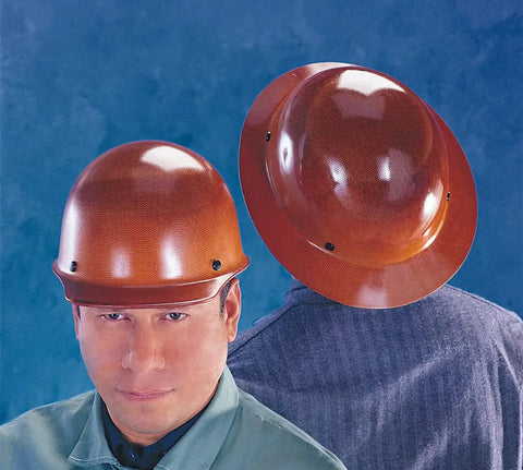 Front and back views of Skullgard Cap Style Safety Hard Hat with Staz On Pinlock Suspension, natural tan phenolic resin, 350°F protection.