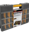 Front view of 26 Adjustable Compartment Hardware Organizer Box With Dividers Durable Plastic Screw Storage Case for tools and parts.