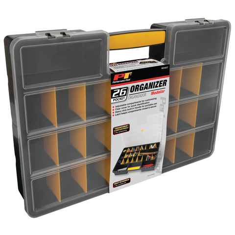Front view of 26 Adjustable Compartment Hardware Organizer Box With Dividers Durable Plastic Screw Storage Case for tools and parts.
