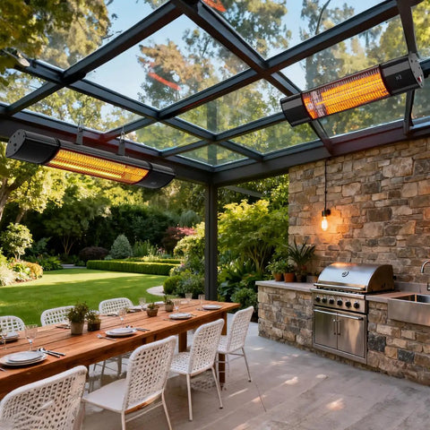Outdoor Electric Infrared Patio Heater With Remote Control Wall Or Ceiling Mount 1500W installed over patio dining table