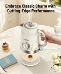 Retro Stainless Steel Electric Kettle Cordless One Point Seven Liter Capacity With Thermometer on kitchen table