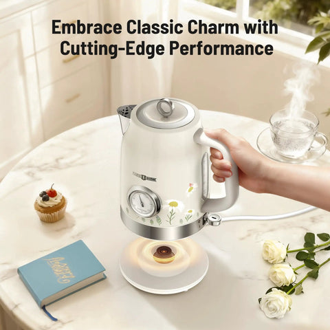 Retro Stainless Steel Electric Kettle Cordless One Point Seven Liter Capacity With Thermometer on kitchen table