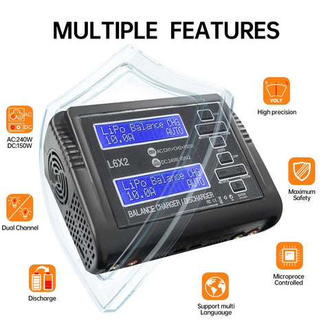 Two Channel RC Battery Charger And Discharger Up To 240W 10A For 1-6S LiPo with dual displays and feature icons