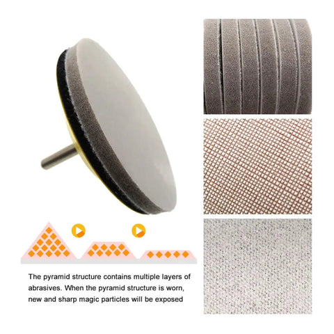 Top Shelf 10Pc Flocking Sanding Discs With Hook And Loop Backing For 75mm Sander showing different abrasive textures and pyramid structure.