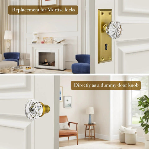 Glass Door Knobs Set With Vintage Crystal Look And Antique Brass Finish, Classic Old Style Hardware For Mortise Locks, room view