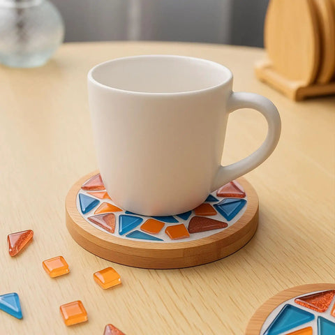 White mug on a coaster with mosaic tiles using White Quick Dry Crystal Tile Grout Ready To Use Caulking Agent No Water Mixing Ultra Fast Dry For Glass Art Projects DIY Tile Craft Kit Supplies And Handmade Gifts No Mess Cleanup.