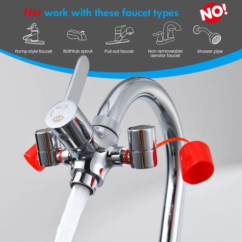 Faucet Mounted Eye Wash Station With Cover For Lab Factory Industry Site Office And Home Emergency Eye Wash Kit Includes 5 Faucet Adapters Note Card And Warning Post, shown installed on a chrome faucet.