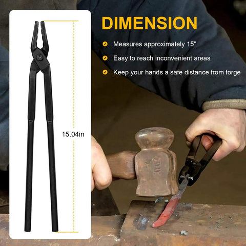 15 Inch Wolf Jaw Blacksmith Tongs For Beginners And Pros, showing open jaws and dimensions alongside forge use