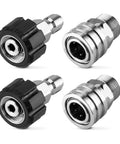 Four stainless steel pressure-washer quick-connect adapters (M22 to 3/8 in) with swivel fittings, 4-pack