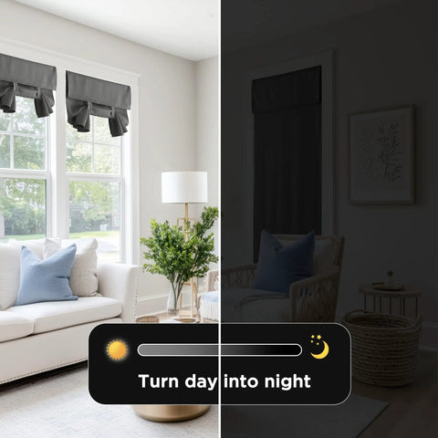100 Percent Blackout French Door Curtain Panel 26 By 40 Inches Gray showing room darkening effect side by side.