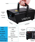 All In One Fog Machine With 6 LED Lights And 12 Color Effects, Wireless And Wired Remote Control, dimensions labeled, hand-held