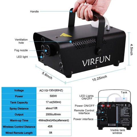 All In One Fog Machine With 6 LED Lights And 12 Color Effects, Wireless And Wired Remote Control, dimensions labeled, hand-held