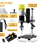 Consfly Electric Tapping Machine for Wood Plastic Metal with packing list including taps and bench vice features.
