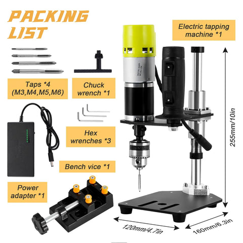 Consfly Electric Tapping Machine for Wood Plastic Metal with packing list including taps and bench vice features.