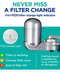 Lead Reducing Faucet Mount Water Filter For Your Sink Easy Install Great Tasting Water Save Money Ditch Bottled Water 100 Gallon Filter Life Chrome Finish Compatible With Sinks With External Aerators, showing filter change light indicator.