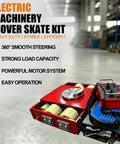 Heavy Duty Electric Machinery Skate Dolly Wireless Remote Control 360 Degree Swivel Smooth Operator Gear Mover for heavy loads in a warehouse.