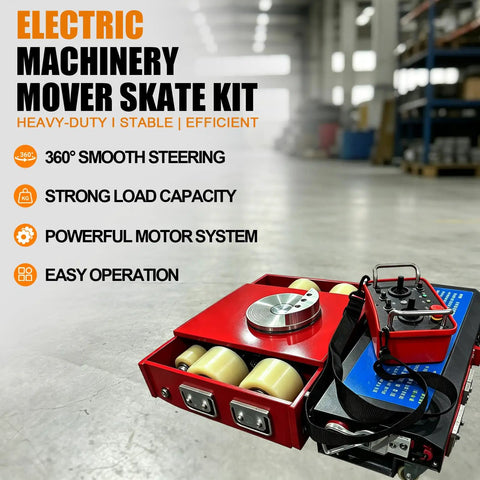 Heavy Duty Electric Machinery Skate Dolly Wireless Remote Control 360 Degree Swivel Smooth Operator Gear Mover for heavy loads in a warehouse.