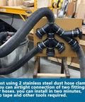 2-1/2 Inch Dust Control Flex Cuff with 2 Stainless Steel Clamps connected to multiple hoses in a workshop setting.