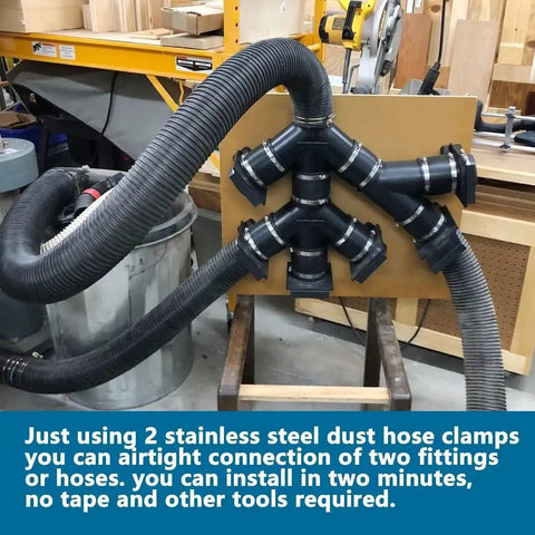 2-1/2 Inch Dust Control Flex Cuff with 2 Stainless Steel Clamps connected to multiple hoses in a workshop setting.