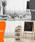 Before and after view of toys scattered on floor replaced by Four Tier Stackable Storage Bins For Kitchen Pantry RV And Home Organization With Dope Front Opening Design For Easy Viewing And Access Space Saving Bins For Clothes And Food White Finish 26 Lb Capacity 13.8 Inch Depth 11.8 Inch Width 28.3 Inch Tall efficiently organizing the space.