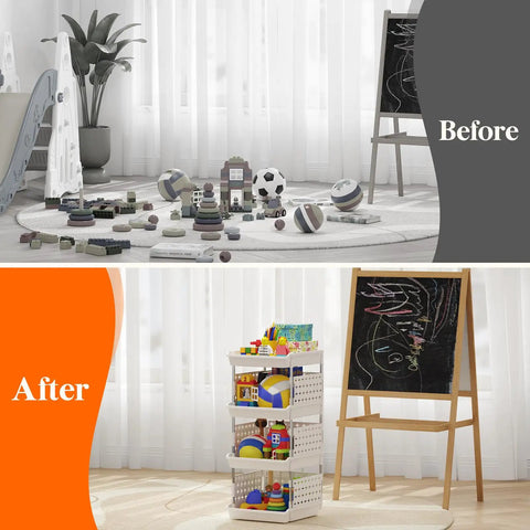 Before and after view of toys scattered on floor replaced by Four Tier Stackable Storage Bins For Kitchen Pantry RV And Home Organization With Dope Front Opening Design For Easy Viewing And Access Space Saving Bins For Clothes And Food White Finish 26 Lb Capacity 13.8 Inch Depth 11.8 Inch Width 28.3 Inch Tall efficiently organizing the space.