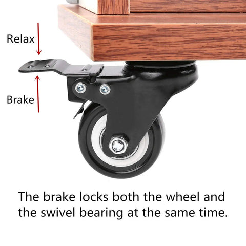 4 Pack Heavy Duty Swivel Casters With Brake, 1.5 Inch Non Marking Polyurethane Wheels, showing brake mechanism and caster detail.