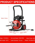 Heavy Duty 75 Ft Electric Drain Cleaner Auto Feed Sewer Snake Auger with 1/2 inch steel core cable and air foot switch.
