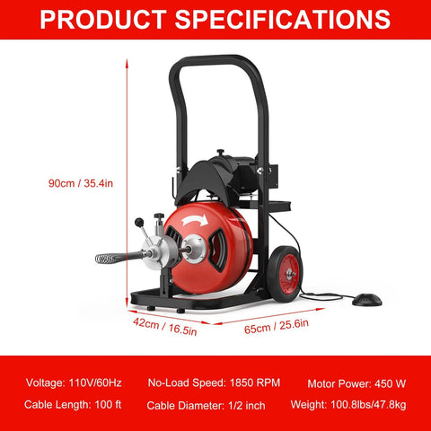 Heavy Duty 75 Ft Electric Drain Cleaner Auto Feed Sewer Snake Auger with 1/2 inch steel core cable and air foot switch.