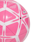 Close-up of a solar pink and white soccer ball, showing size marking and pattern detail