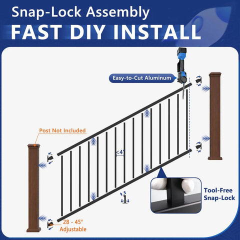 Snap-lock assembly diagram for Top Shelf Aluminum Stair Railing Kit For Outdoor Decks And Porches 36x72 inch modular handrail set.