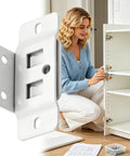 Heavy Duty Cabinet Corner Brackets with Screws; woman assembling cabinet using 90 degree braces for stable support.