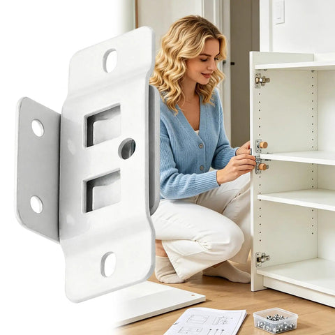 Heavy Duty Cabinet Corner Brackets with Screws; woman assembling cabinet using 90 degree braces for stable support.