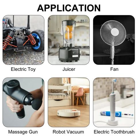 Image showing applications of 10 Pack Dope Mini DC Motors 3V To 12V, including electric toy, juicer, fan, massage gun, robot vacuum, electric toothbrush.