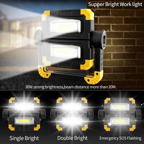 Rechargeable 360 Degree Rotating LED Work Light with 2000 Lumen Brightness, showcasing different brightness levels.
